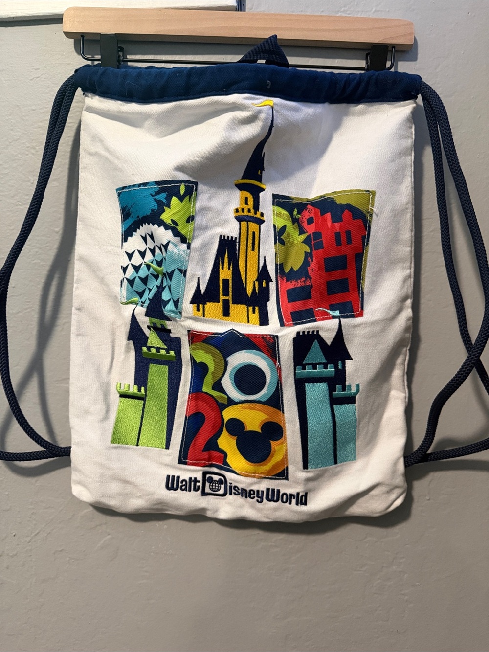 Disney White Canvas Drawstring Backpack with Colorful Castle Graphics
